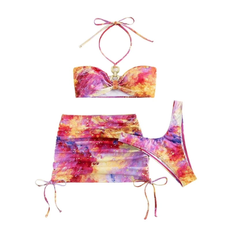 

Womens 3 Pieces Swimwear-Halter Bikinis Set Tie-Dye Bathing Suit for Beachwear