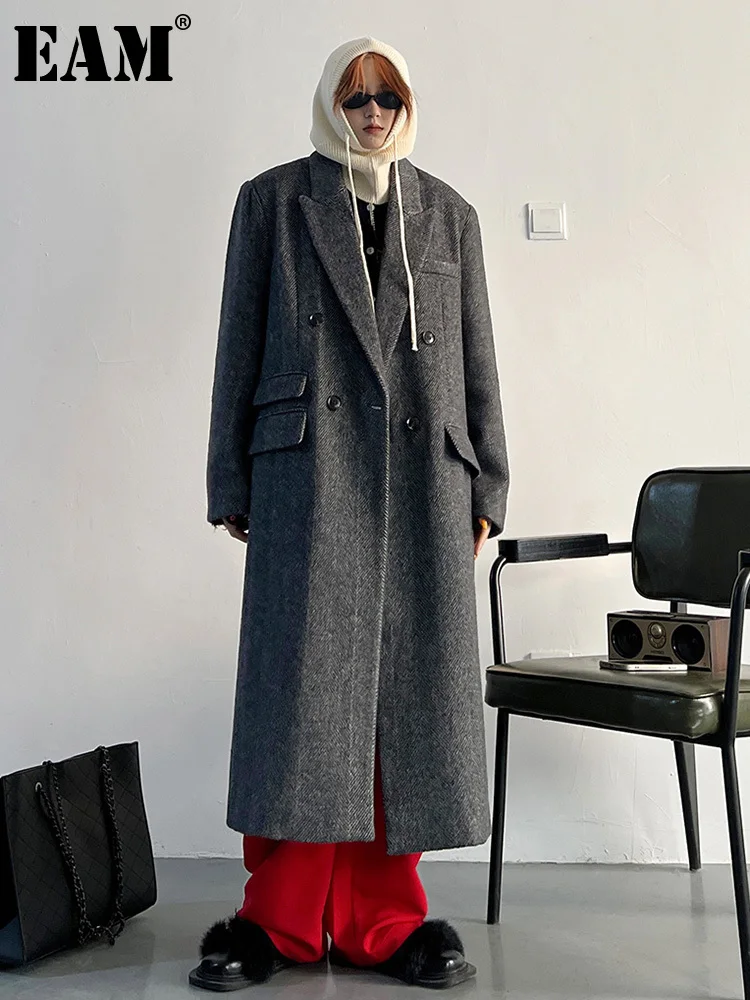 

[EAM] Gray Pockets Casual Big Size Loose Fit Woolen Coat Parkas New Long Sleeve Women Fashion Tide Autumn Winter 2023 1DF3716