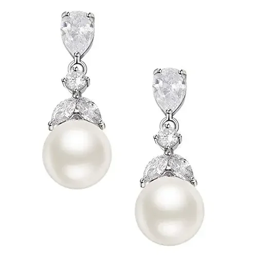 Серьги-гвоздики женские серебряные с фианитом и жемчугом