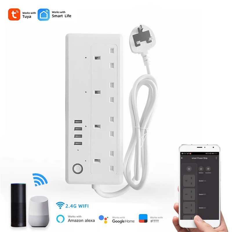 

Wifi Tuya Smart Power Strip 4 Way AC Outlets UK Plug Socket,Four USB Charging Port 1.7meter Extension Cord Cable for Computer TV
