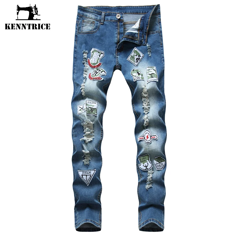 

Kenntrice 2022 Men's s Printed Patchwork Jeans Trendy Design Ripped Distressed Embroidery Denim Long Men Pants Plus Size Jeans