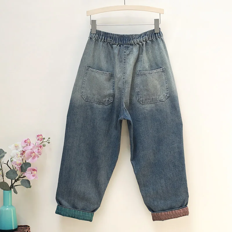 2023 New Baggy Pants Trousers Cartoon Patch Jeans Women's Clothes Elastic Waist Contrast Color Curling Small Cropped Harem Pants