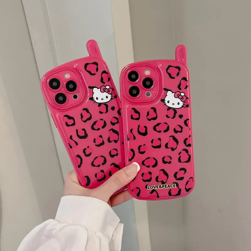 

Kawaii Cute Sanrio Hello Kitty Iphone Shell For Iphone 11 12 13 14Promax Leopard Print Gasbag Girl Christmas Gift For Girlfriend