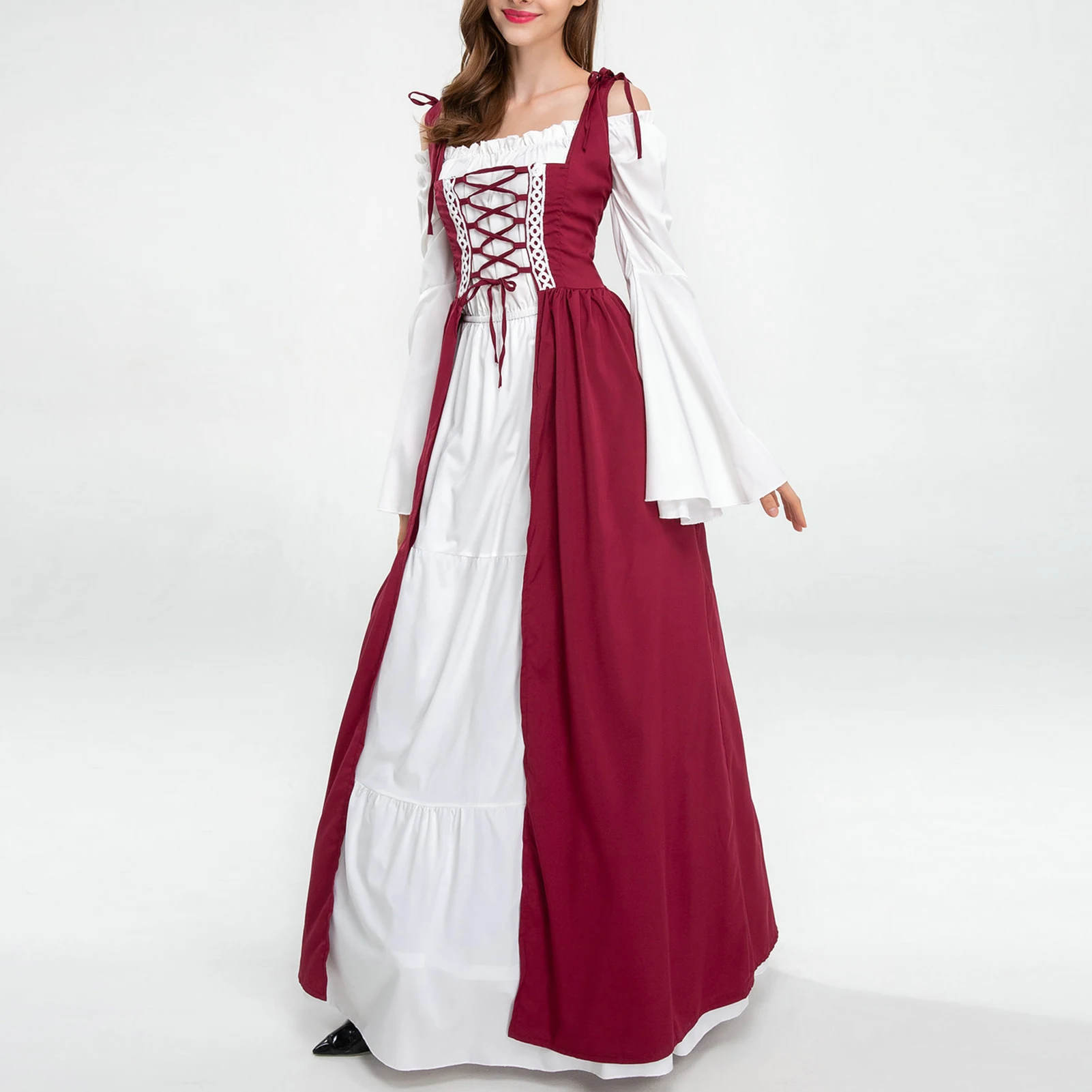 

Medieval Renaissance Style Corset Maxi Dress Flare Sleeve Women Drawstring Long Dress Elegant Off Shoulder Party Clothing