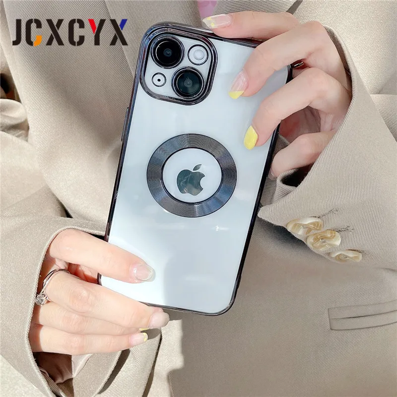 

Luxury Hole Hollow Plating Logo Transparent Clear Case for iPhone 12 13 11 Pro Max X XR XS 7 8 Plus SE3 Camera Protector Cover