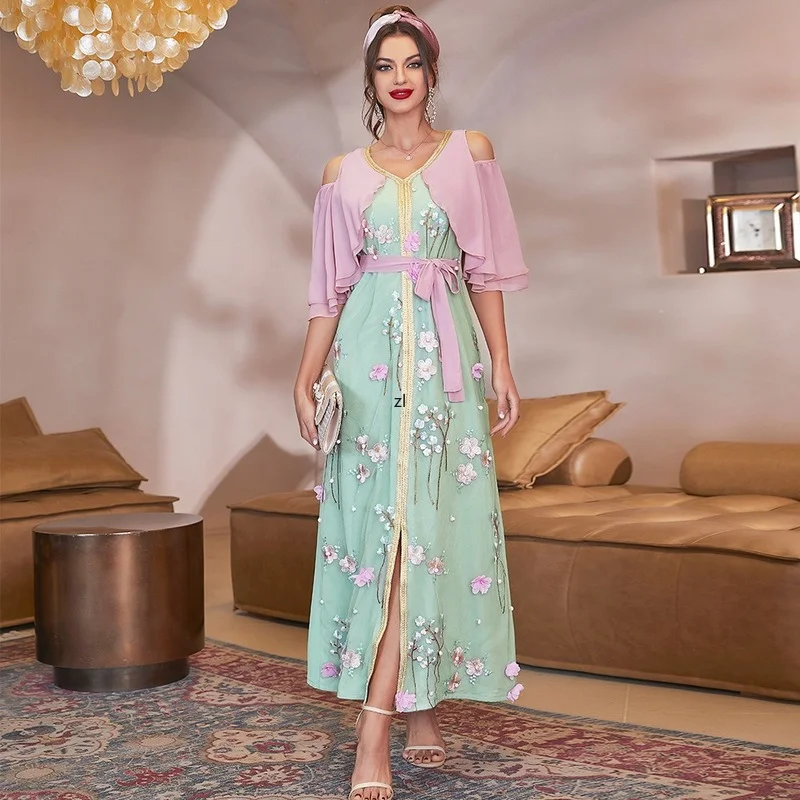 2022 Ramadan Kaftan Dubai Abaya Muslim Women Dress Caftan Marocain Evening Gown Islamic Clothing Robe Musulmane Djellaba Femme