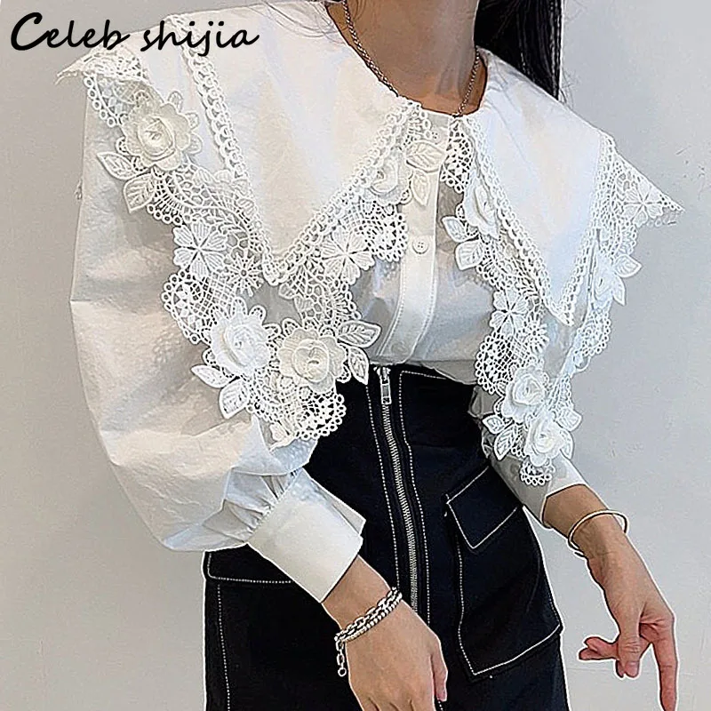 

White Vintage Shirts Women Button Up 2022 Spring Summer Lantern Sleeve Flower Hook Hollow Tops Women Clothing Party