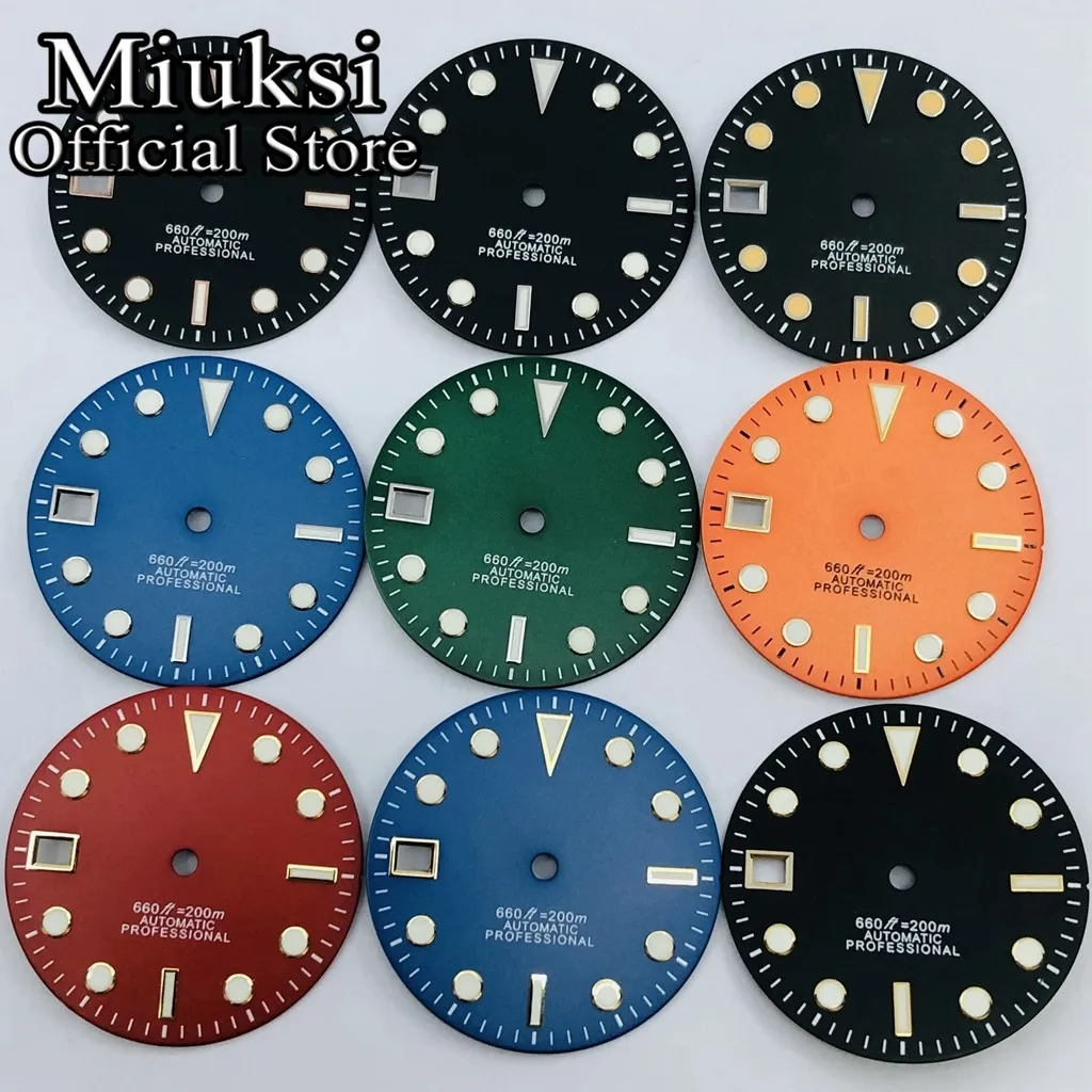 

Miuksi 29mm black green blue red orange watch dial luminous 9 o'clock date fit NH35 movement
