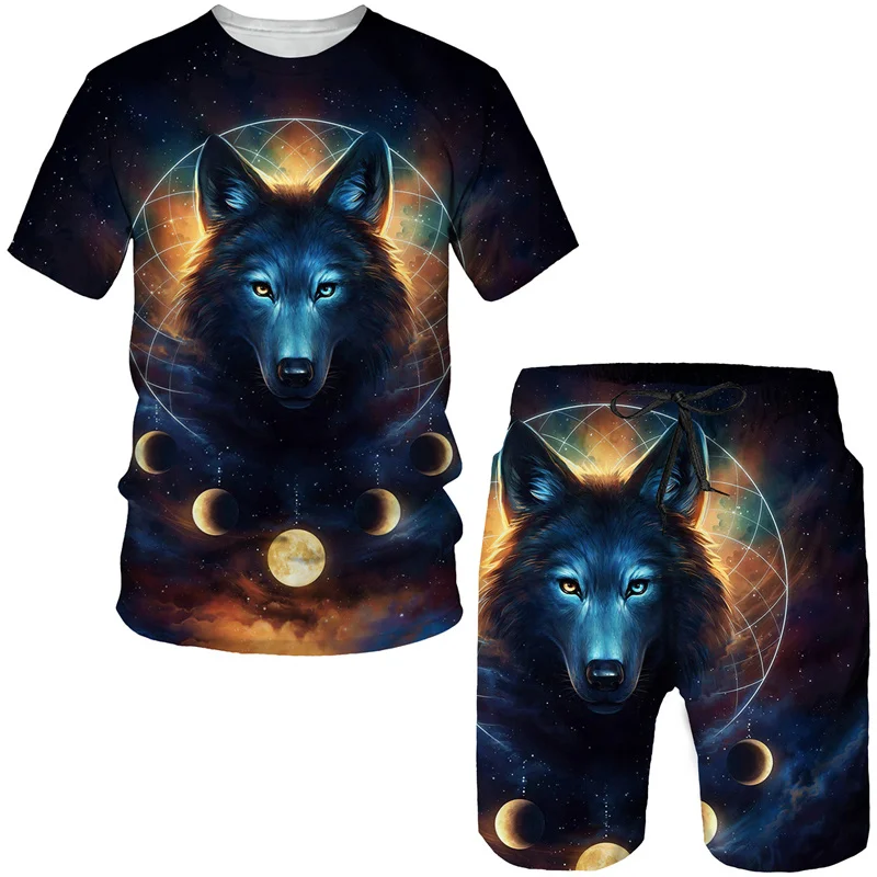 Summer Cool Wolf Printing Men's T Shirt Loose O-neck Short Sleeve Tops Casual Comfortable Shorts 2 Piece Outfit Men Clothing