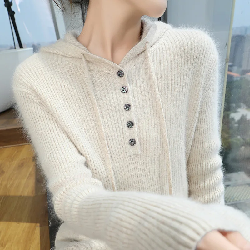 100% чистый норковый кашемировый свитер с капюшоном женский вязаный пуловер