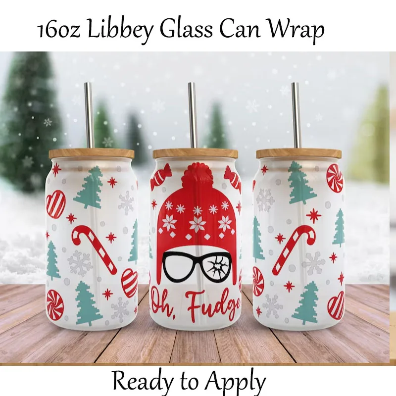 

Oh Fudge Libbey стеклянная Обертка Рождественский фильм праздник 16 унций Libby пивная банка Стеклянная полная обертка UV DTF Рождественская чашка