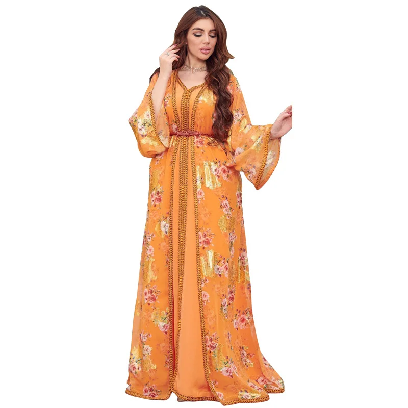 2023 Summer Elegant Muslim Women Long Sleeve V-neck Polyester Orange 2 Pieces Set Long Abaya with Inner Muslim Fashion Dresses
