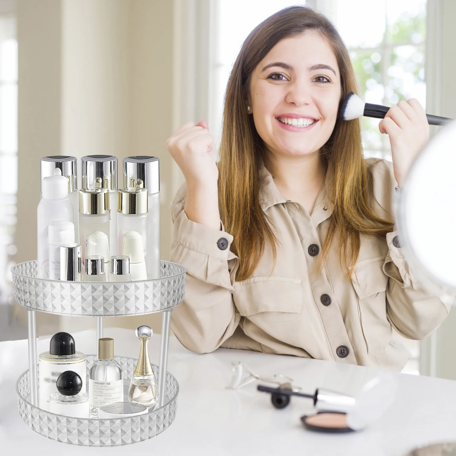 

Lazy Susan Rack Organizer 2 Tier Rotating Makeup Holder 360° Spinning Bathroom Storage Removal Cosmetic Organizer Stand