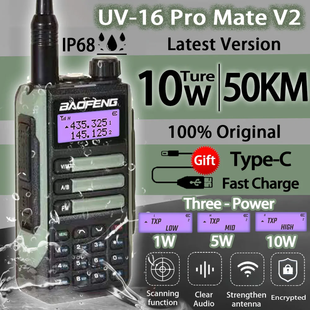 2023 BaoFeng UV-16 PRO High Power Antenna Walkie Talkie Type-C Charger Long Range Waterproof UV16 Transceiver Ham TwoWay Radio