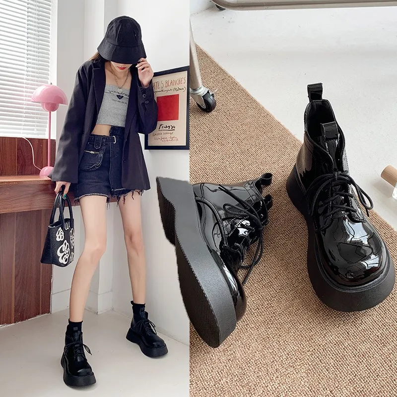 New Thick-soled Women's Boots Thick-soled Shoes Black PU Shoes Female Round Toe Casual Shoes Female Chelsea Boots Botas De Mujer