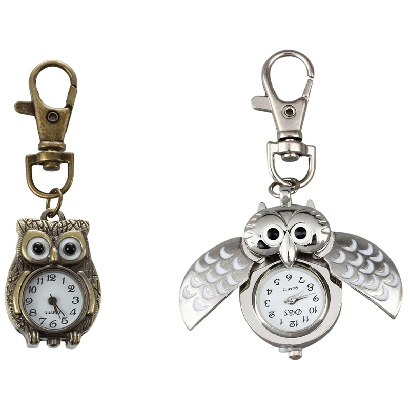 

2PCS Owl Pocket Watch With Key Chain 40 X 25 Mm Silver With Keychain Clock Keyring Owl Shape 37 X 24Mm