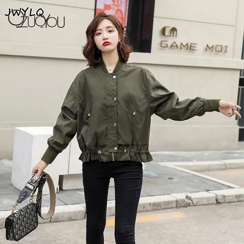 

Spring Autumn Zipper Single-breasted Women Clothing All-match Long Sleeves Khaki Armygreen Streetwear Short Coats Loose Jackets