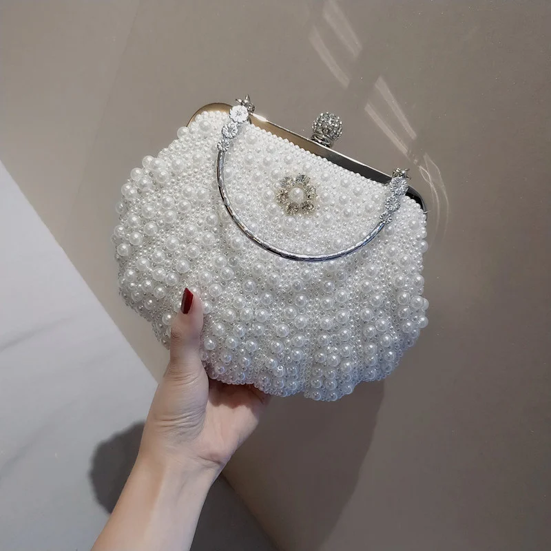 

Luxury Pearl Women Bag Clutch 2023 Fashion Two Sided Beaded Ladies Evening Bags Elegant Rhinestone Bridal Wedding Party Bag