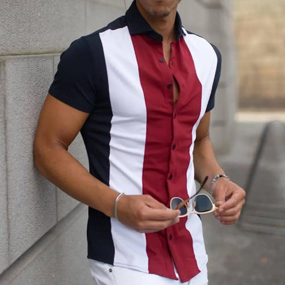 

Turn-Down Collar Single-Breasted Men Shirt Handsome Stripe Print Contrast Color Summer Tops Young Style Slim Fit Men Tops