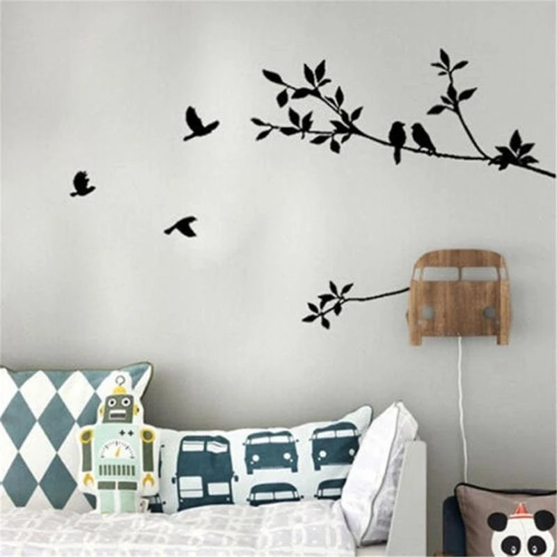 

60*24cm Birds Tree Branch Leaves DIY Art Wall Stickers Removable Vinyl Living Room Decal (Color: Black)