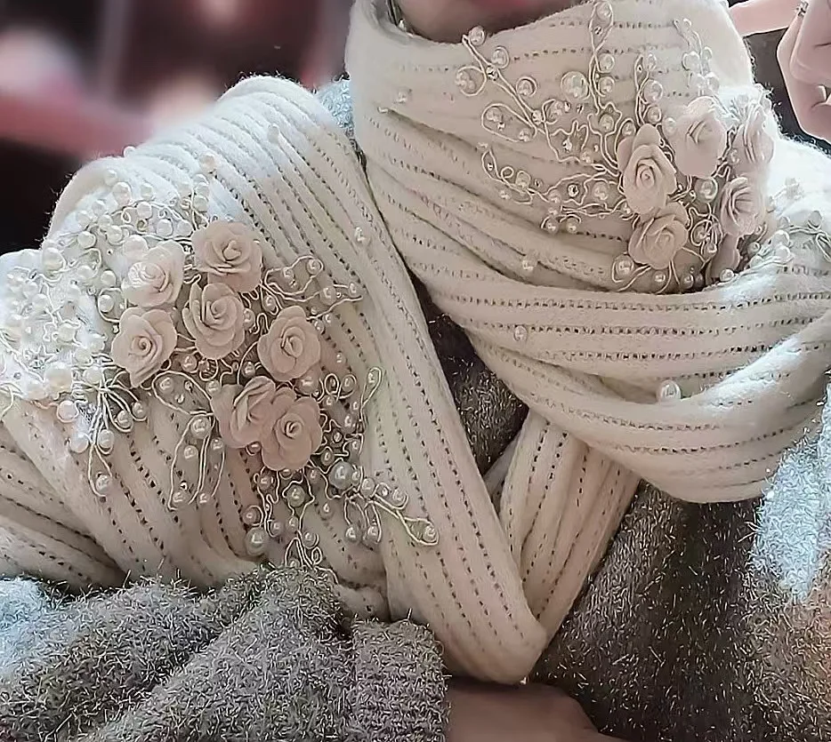 Роскошный стиль жемчуг бисер 3D цветы толстый теплый шарф женские зимние