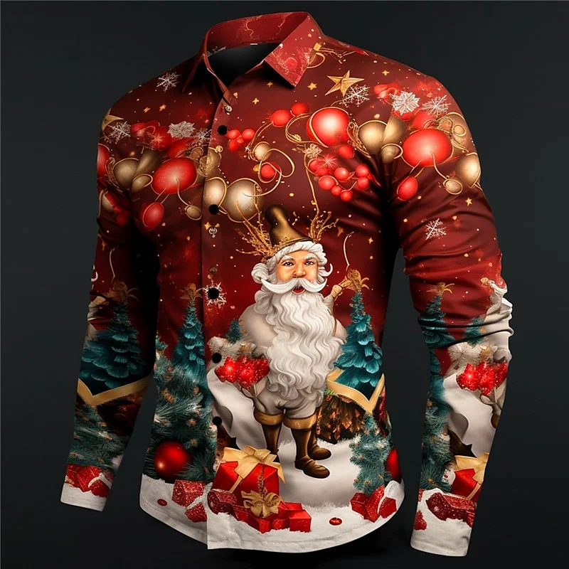 Fashion 2024 Christmas Themed 3D Printed Men's Casual Long Sleeve Shirt Street Wear Party Size Santa Claus Hot Sale