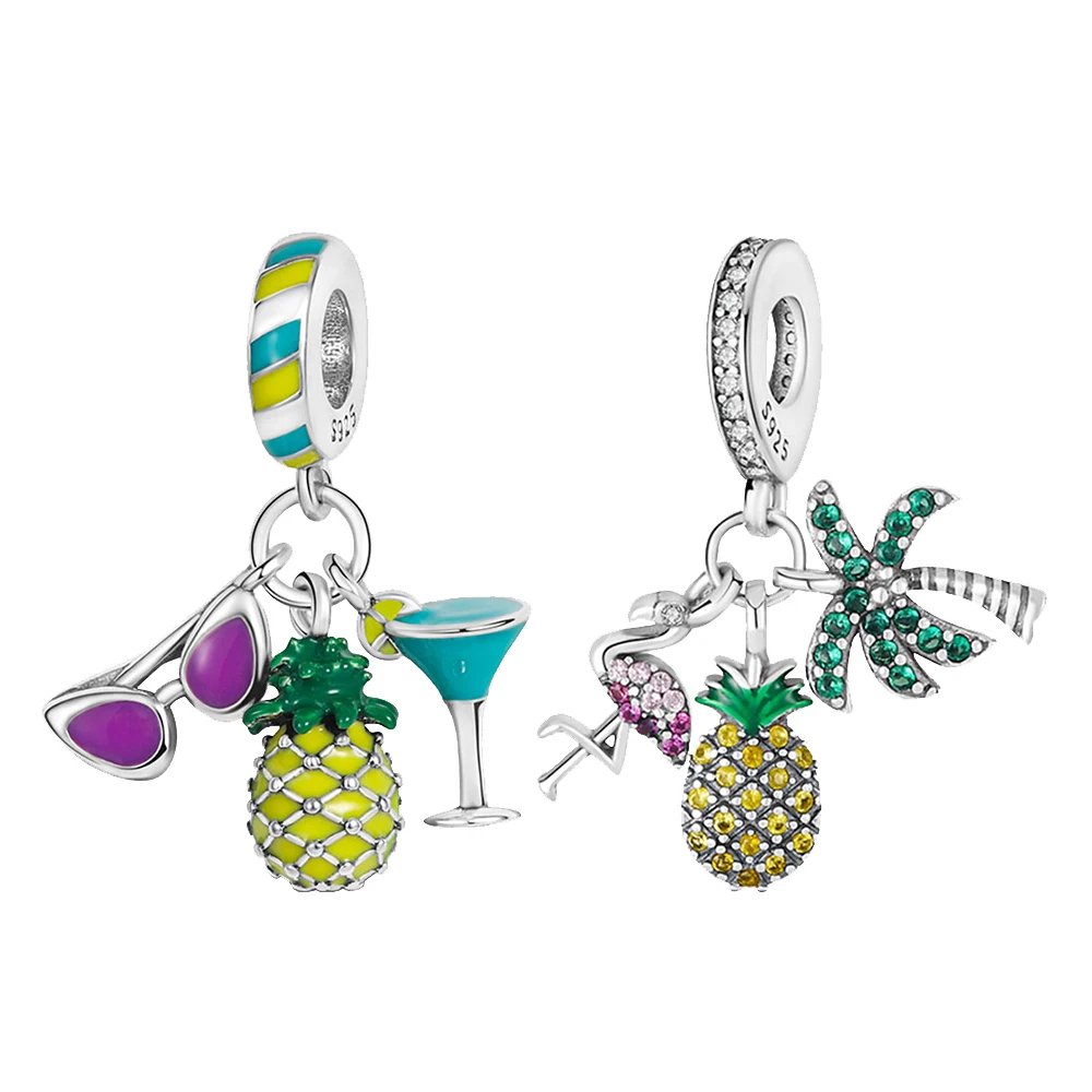 

Sterling Silver Pineapple Coconut Flamingo Charm Pendant fit Original Brand Bracelet Making Jewelry for Women Birthday Gift