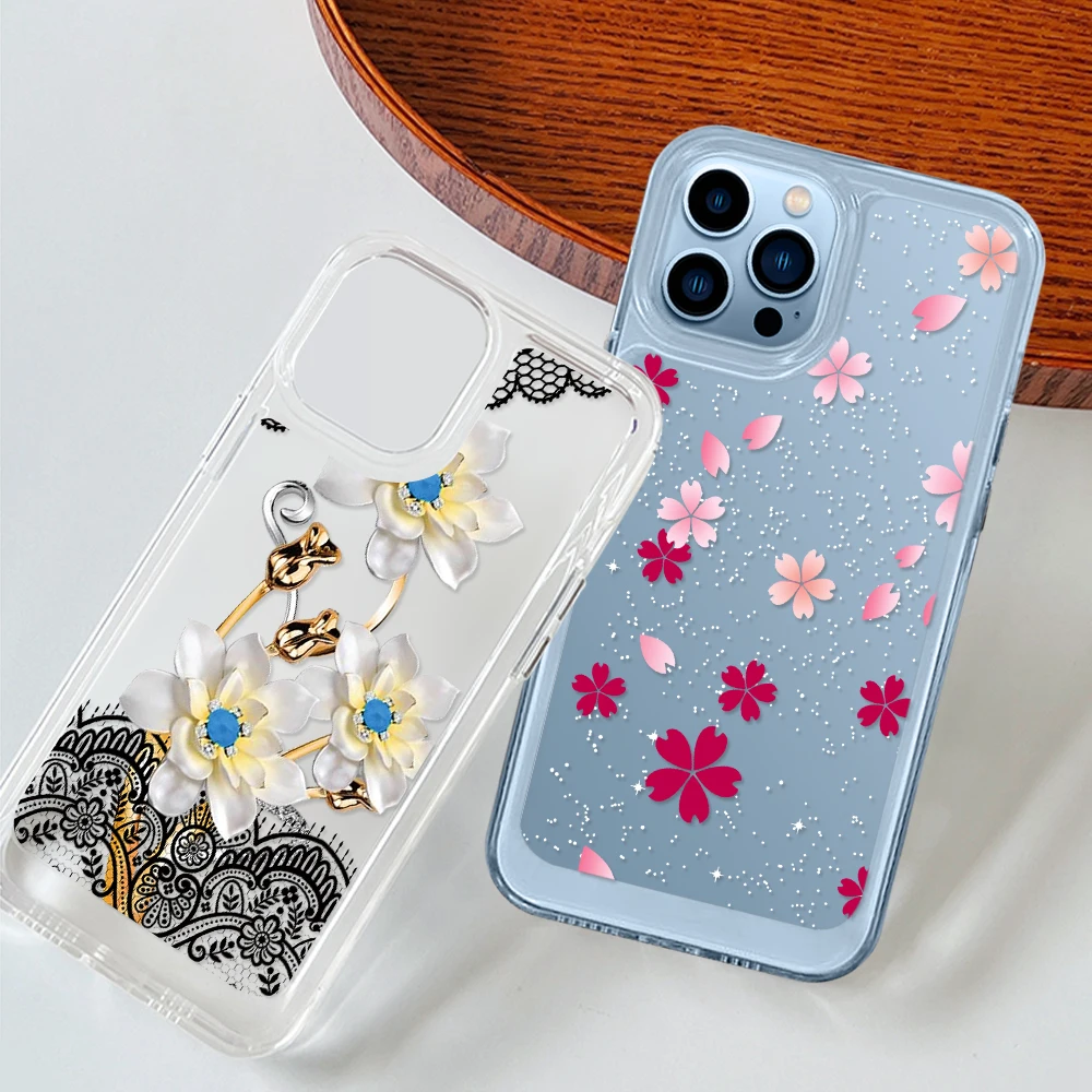 

Clear Floral Phone Case for iPhone 13 12 14 11 Pro Max Mini XS XR X Protection Shell Back Cover for iPhone14ProMax Coque Fundas