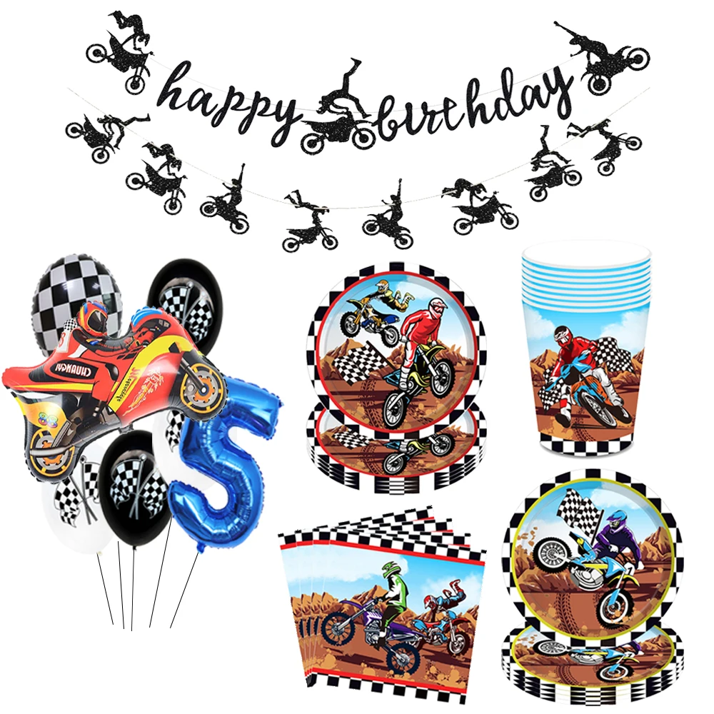 

Motorcycle Theme Party Plates cups Tableware Motocross balloon decor Motorcycle banner boys Motorcycle Birthday party Decoration