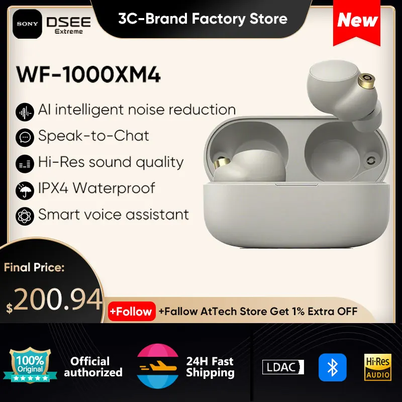 

Беспроводные Bluetooth-наушники Sony WF-1000XM4, TWS-наушники с активным шумоподавлением, с высоким разрешением, Bluetooth 5,2, LDAC, Alexa, встроенные