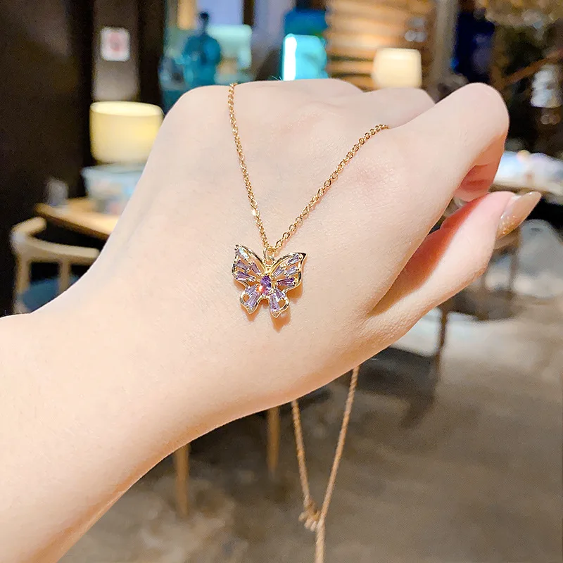 

Titanium Steel Butterfly Necklace For Women Fashion Personality Purple Zircon Exquisite Super Flash Net Red With Clavicle Chain