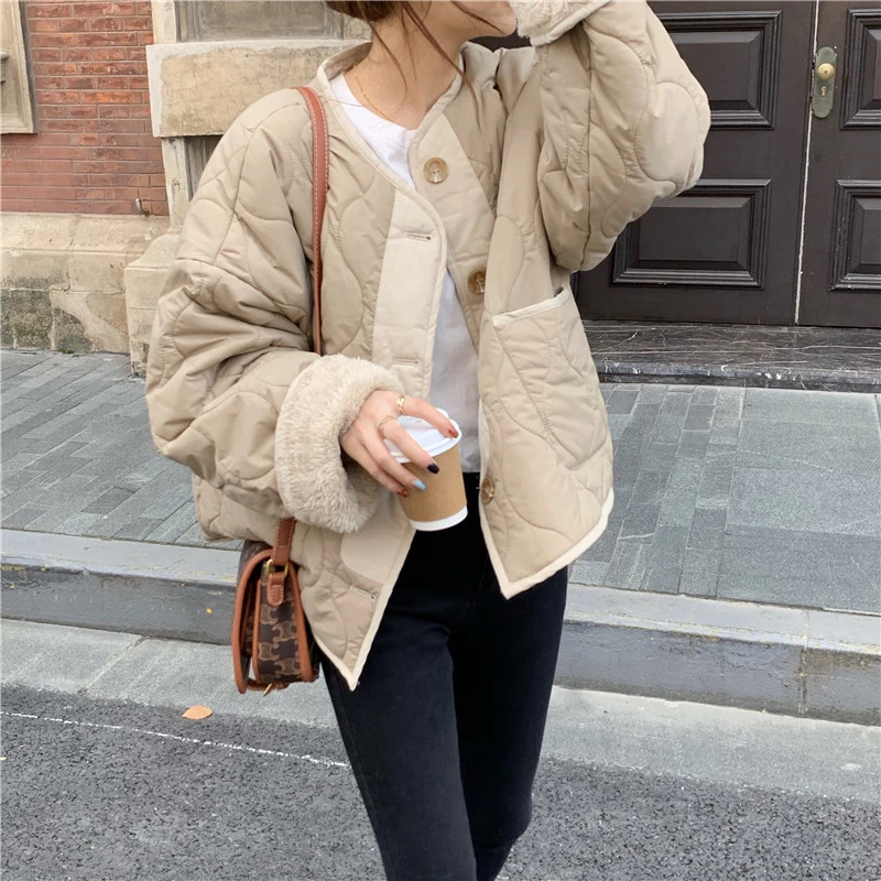 2021 Winter Solid Lambswool Patchwork Women Coat Thick Warm Loose Casual  Jacket Female Outwear Elegant Tops Winter Jackets