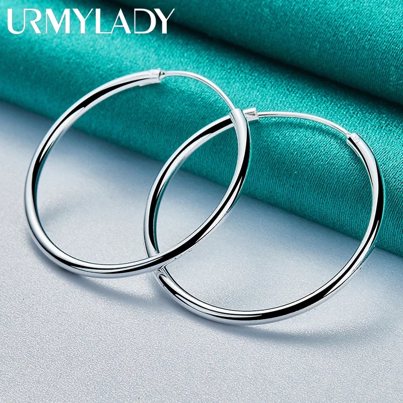 

URMYLADY 925 Sterling Silver 50mm Smooth Circle Earrings Ear Loops for Women Fashion Simple Wedding Engagement Charm Jewelry