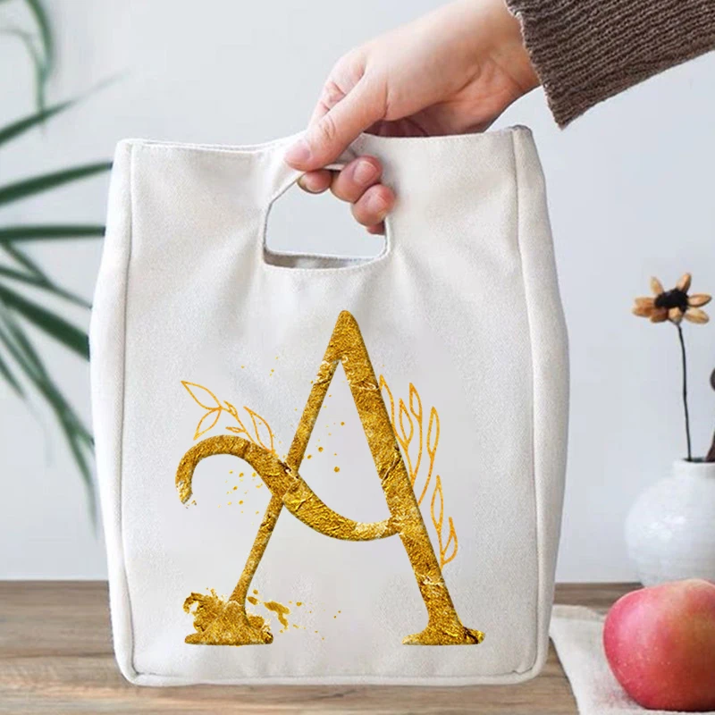 

Insulated Lunch Box Women Travel Portable Camping Picnic Bag Gold Flower Letter Print Cold Food Cooler Tote Thermal Bags Handbag