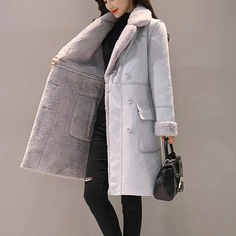 

Женское зимнее теплое длинное пальто из искусственной замши с бархатной подкладкой, парка, зимняя куртка, Женская двубортная куртка, облегающее однотонное пальто с лацканами