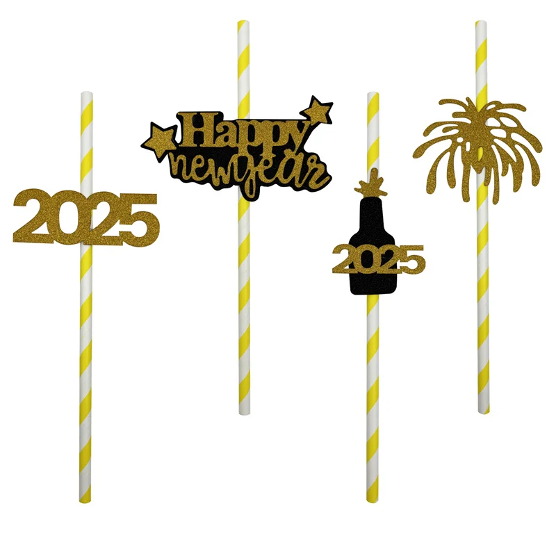 12 шт. блестящие золотые бумажные соломинки С Новым годом 2025 год украшение для