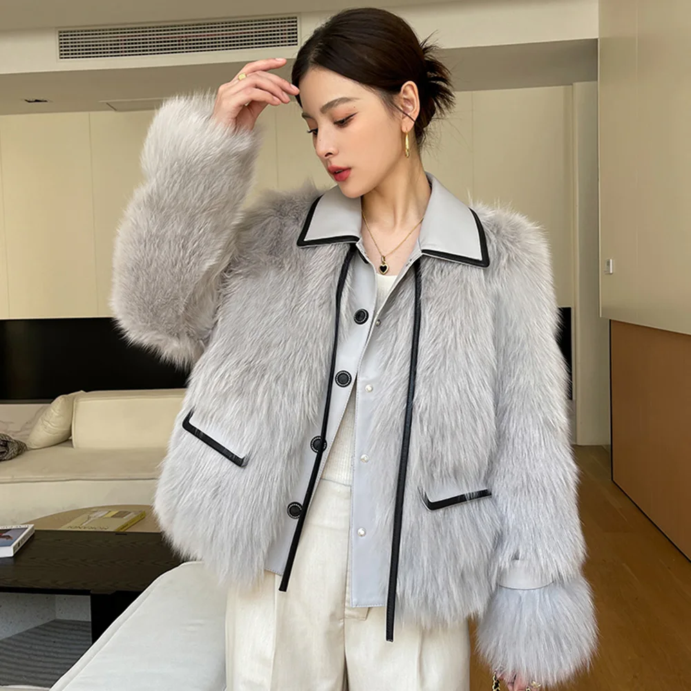 

Women Real Fox Fur Coat Autumn Winter Elegant Ladies Thick Warm Double-faced Fur Jacket Goose Down Liner Loose Outewear Female