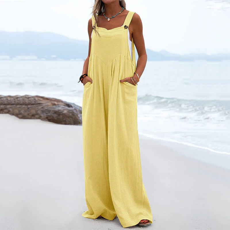 2022 Summer Women Pastel Pocket Decor Wide Leg Suspender Jumpsuit Solid Sleeveless Long Pants Casual Loose Holiday Women Clothes