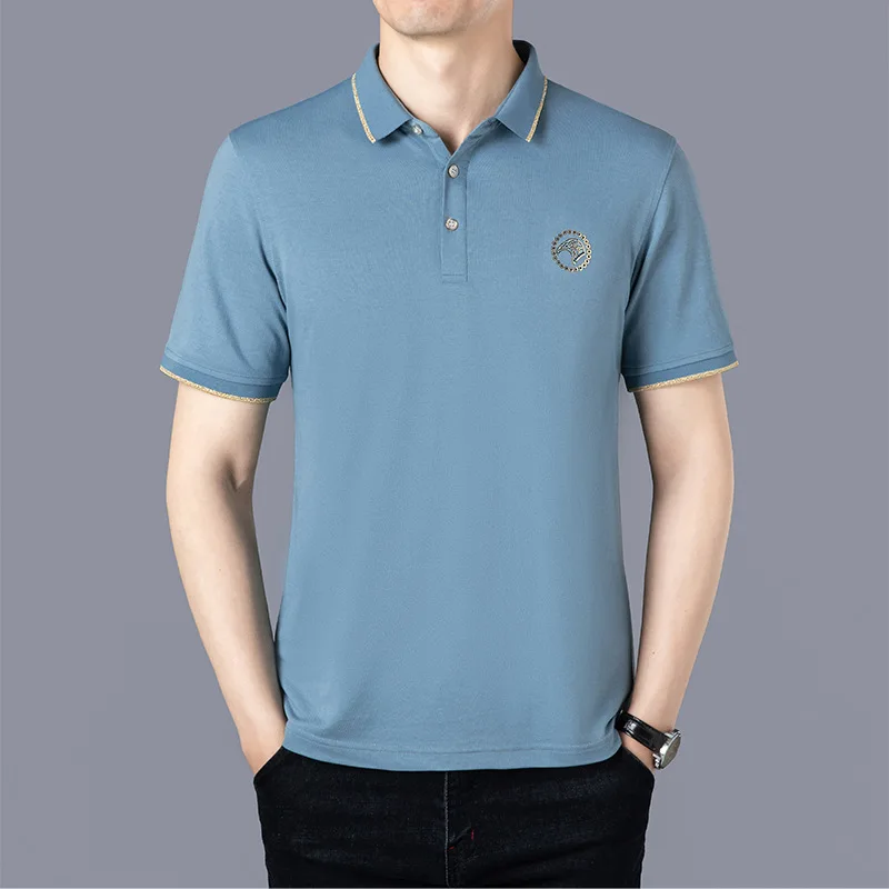 

Summer Navy Blue Sunscreen Men's Short-sleeved T-shirt Young And Middle-aged Shirt Mercerized Round Neck Half-sleeved