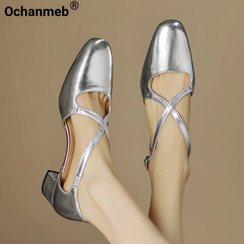 

Ochanmeb Genuine Leather Mary Janes Sandals Women Silver Cross-tied Thick Med Heels Shoes Round Toe Buckle Ladies Heeled Sandals