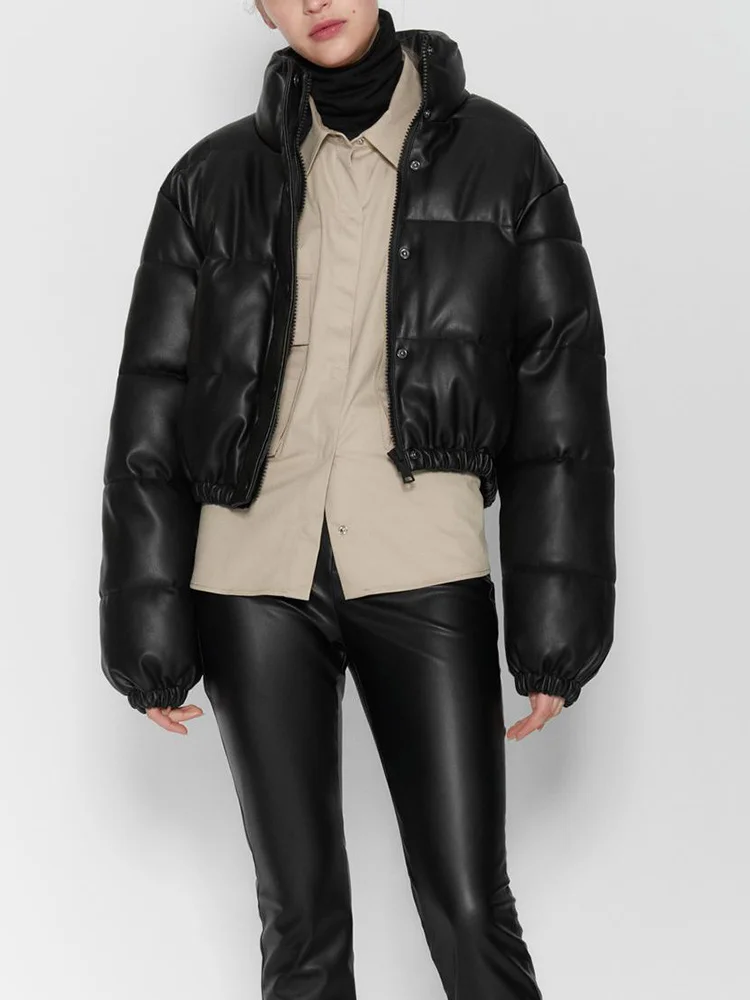 

Зимняя плотная женская короткая парка, теплая Модная куртка-бомбер из искусственной кожи, Черная Женская пуховая куртка на молнии с хлопковой подкладкой
