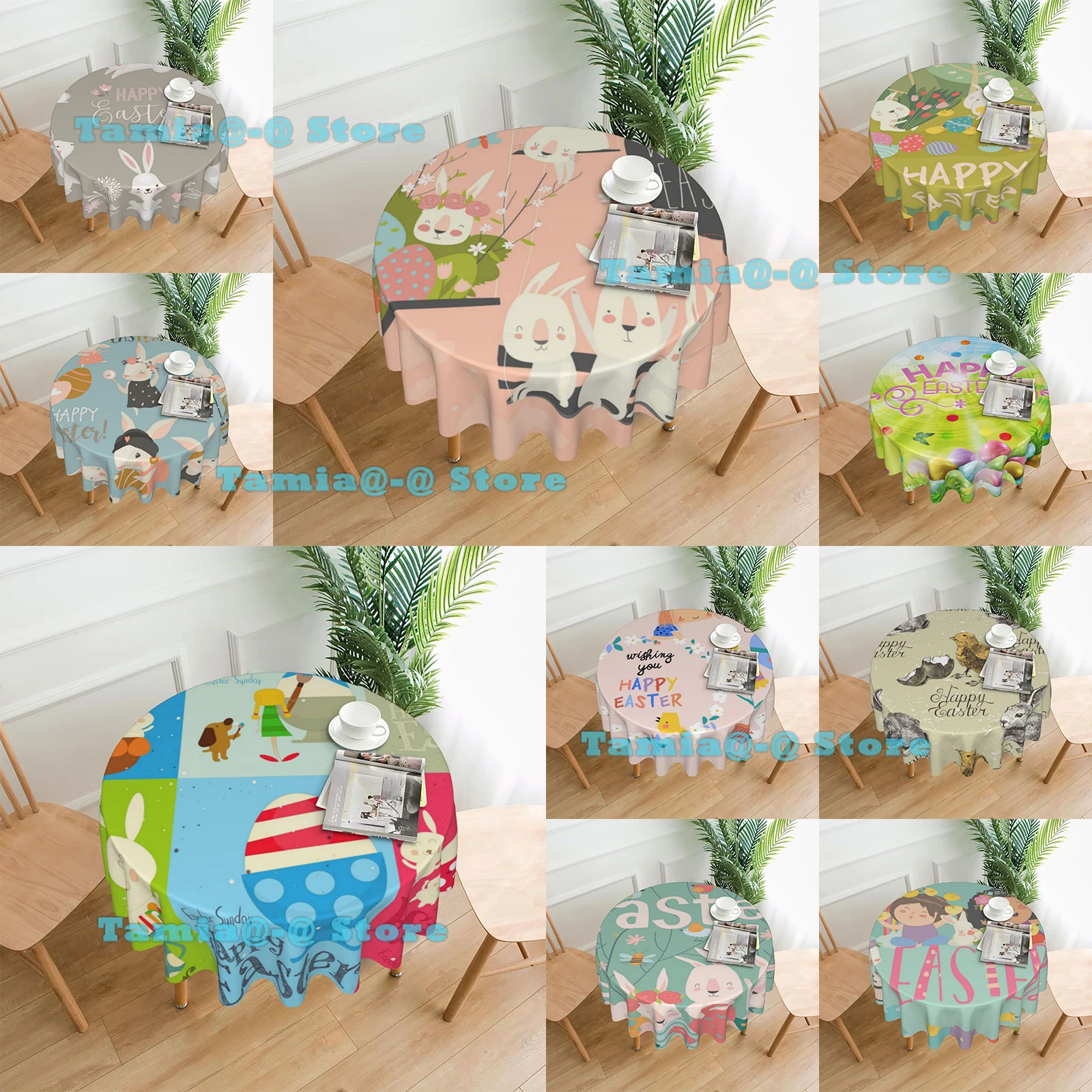 

Easter Eggs Bunny Tablecloth Rabbits Round Table Cloths Circular Table Cover Runner for Dining Kitchen Picnic Party Deco