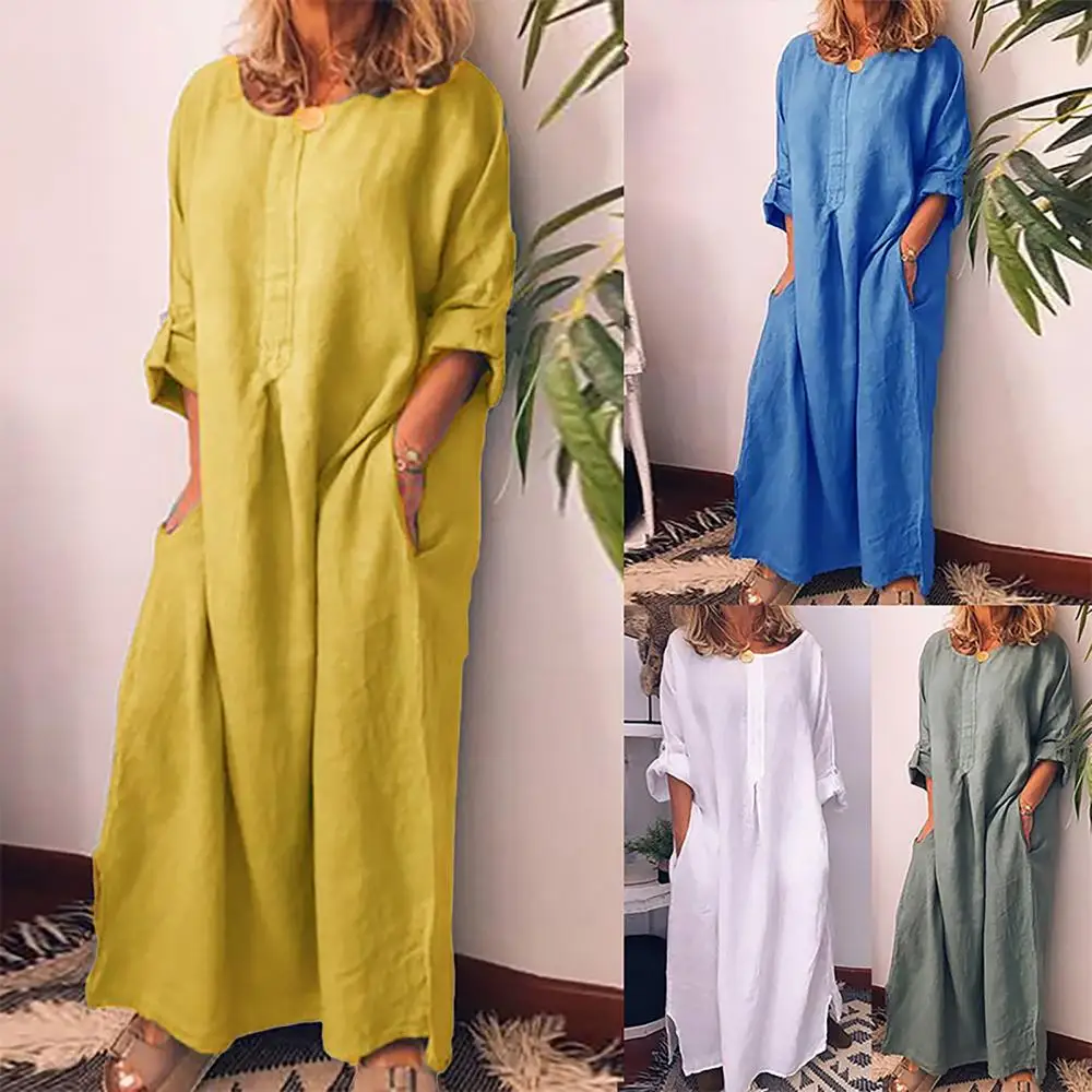 

Casual Women's Solid Color Cotton Linen Long Shirt Tunic Kaftan Dress Boho Summer Maxi Dress With Pocket Party Holiday Dresses