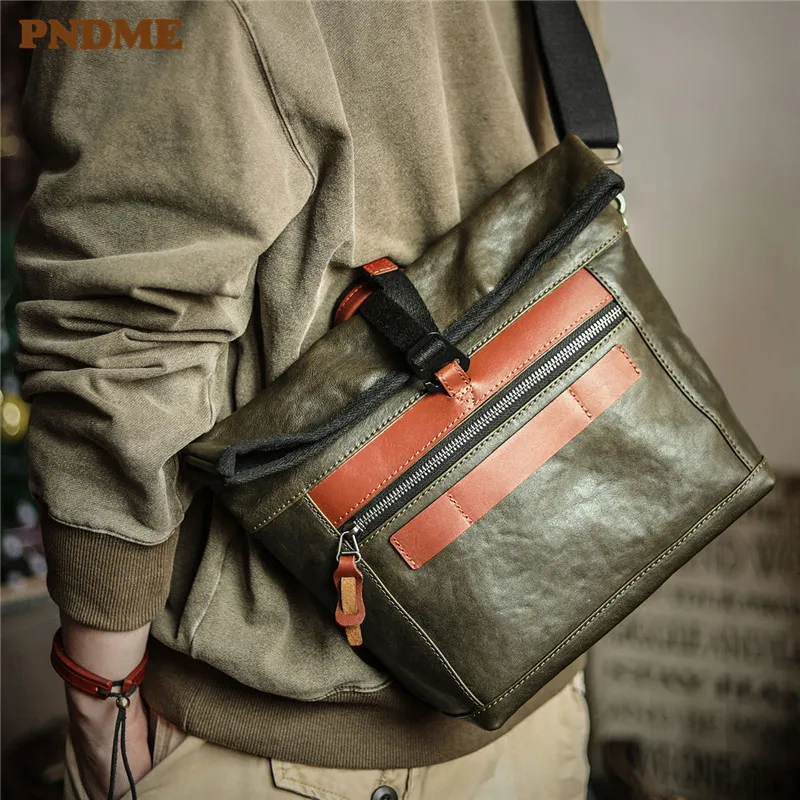 PNDME designer luxury genuine leather men's crossbody bag outdoor travel work handmade real cowhide shoulder bag satchel