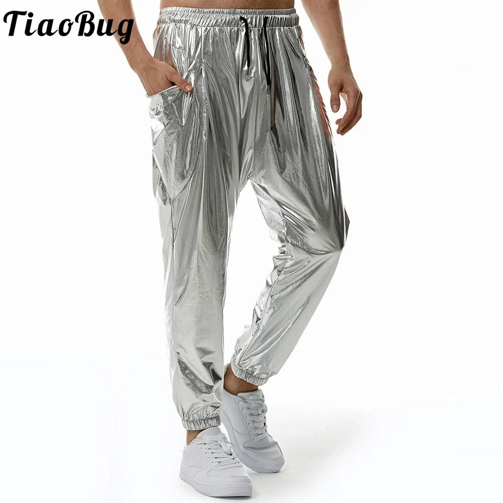 

Блестящая Мужская одежда для уличного танца в стиле хип-хоп, эластичный пояс на шнуровке, брюки, брюки, металлик, карнавал, диско, вечерние, костюм для клуба
