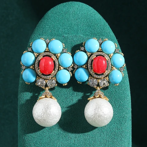 LOVE GREEN LIVE GREEN Серьги-капельки из меди с синим камнем и жемчугом