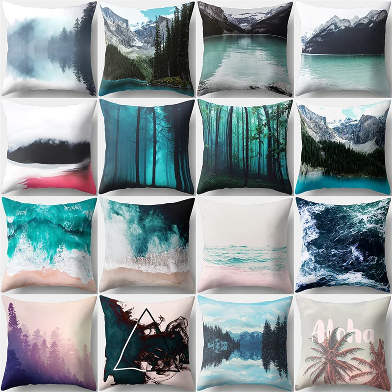 

Blue Natural Landscape Pillowcase Deep Forest Tree Sofa Home Decoration Poster Picture Mountain Lake Wave Cushion Pillow Cover