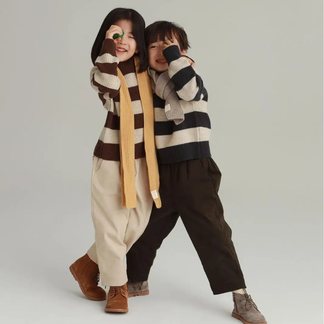 Новинка Осень-зима 2023 теплый детский свитер в полоску Повседневный шерстяной