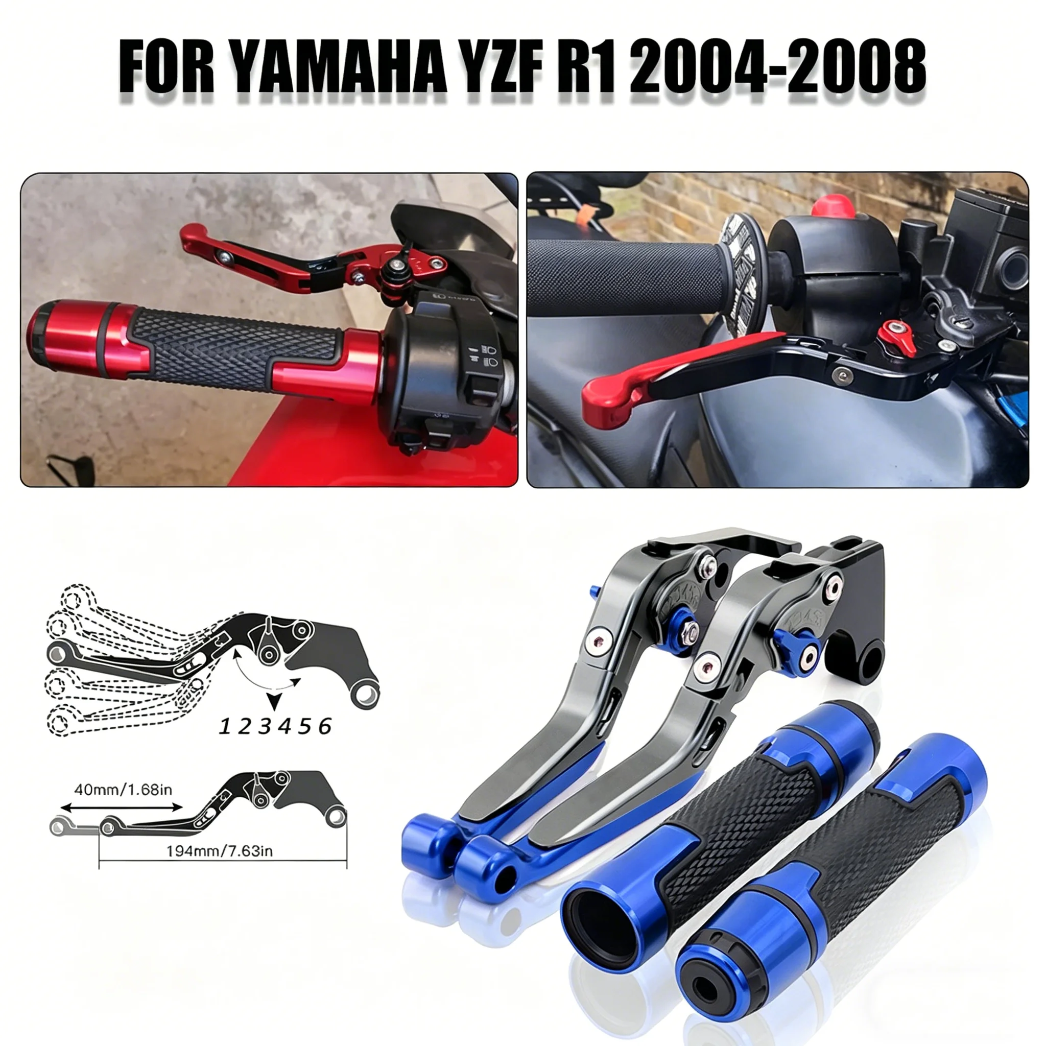 Фото Для мотоцикла Yamaha YZF R1 2004-2008: Комплект регулируемых складных рычагов тормоза и сцепления с рукоятками, изготовленных на ЧПУ №1