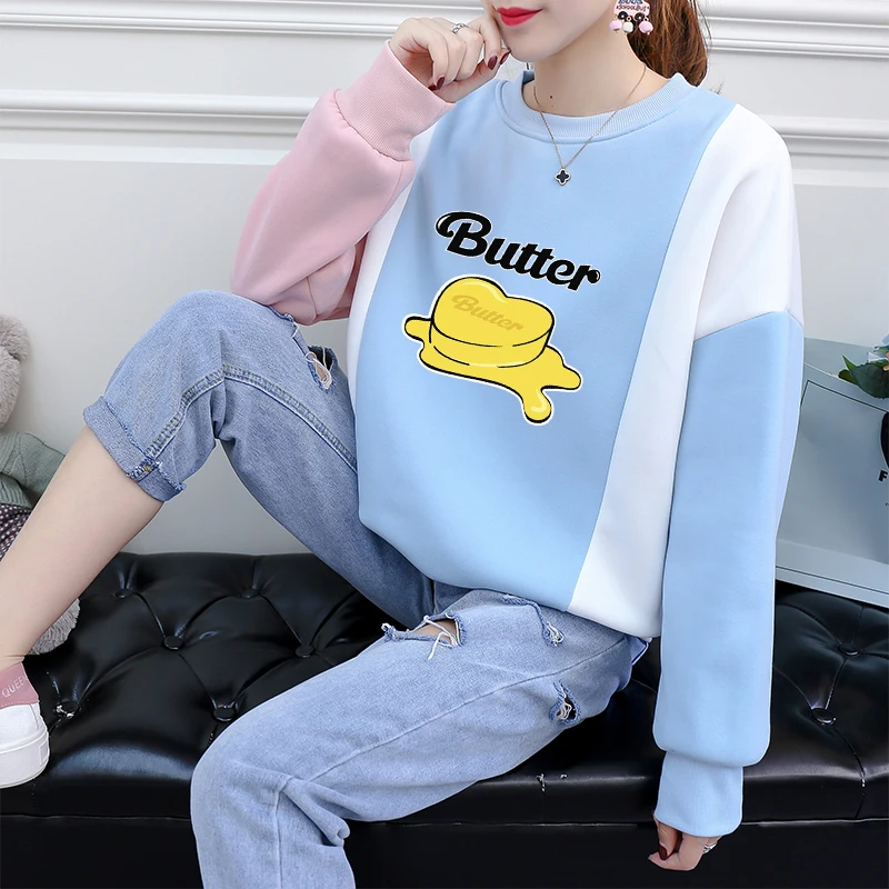 

Bangtan Boys Hoodie Casual Fleece Spell Color Spliced O-neck Hooded Women Tops Korean Kpop Fashion BUTTER y2k Female Sweastshirt